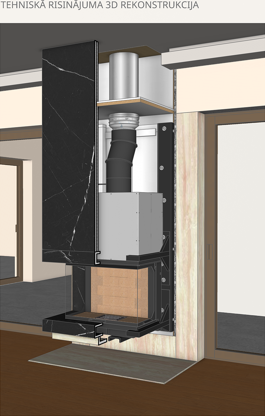 Kamīna projekta tehniskais 3D griezums ar kurtuves un dūmvada izvietojumu